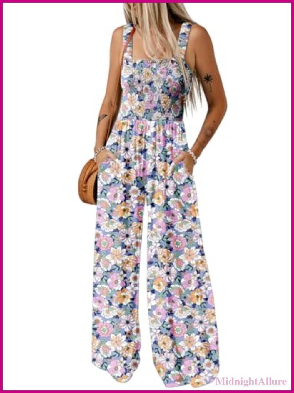 One Piece Sleeveless Wide Leg Jumpsuit Boho Printed Square Neck Loose Fit